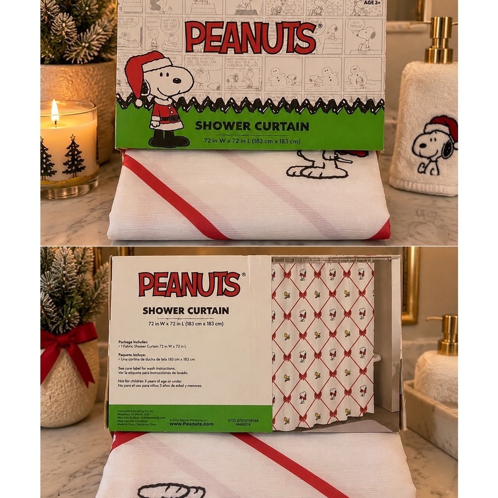 Peanuts Snoopy Woodstock Christmas Shower Curtain Red Bow Lattice 72x72 New